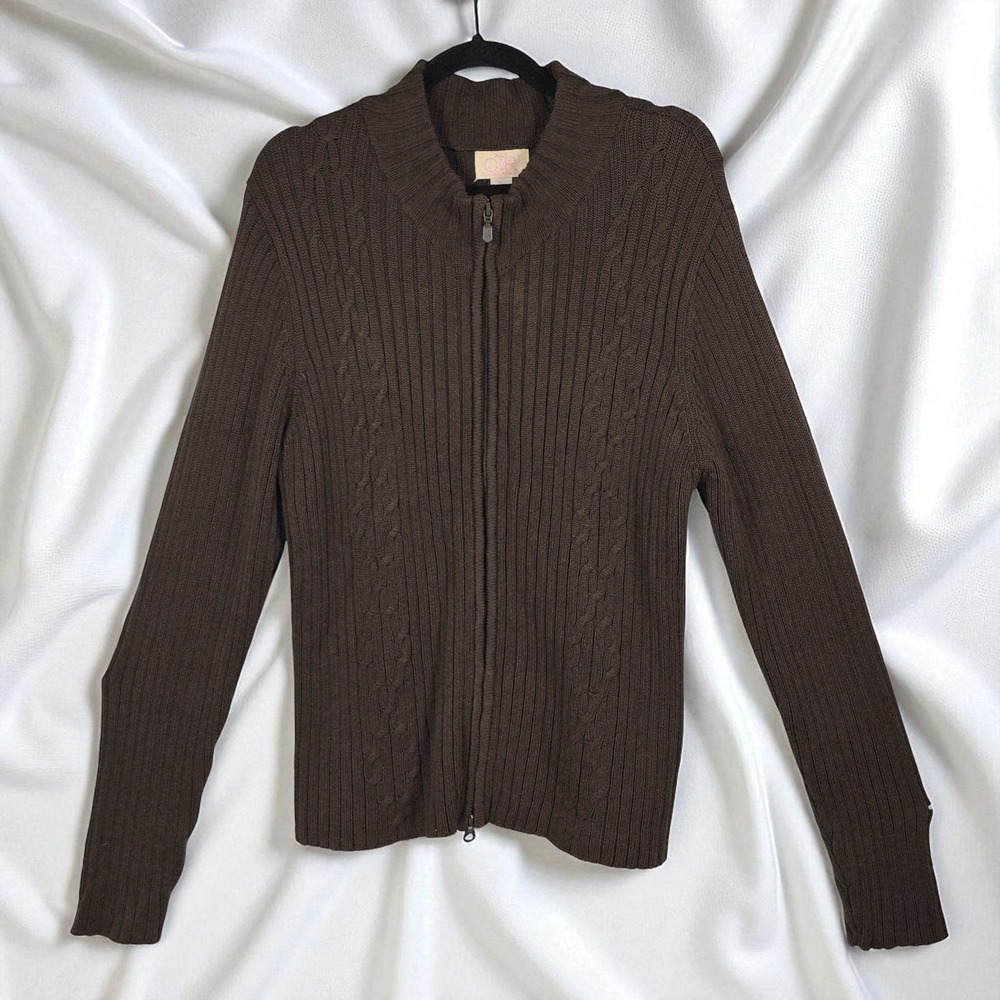 Claudia Romana Golf  Cardigan Sweater Woman  XL Brown Cable Knit Full Full Zip‎